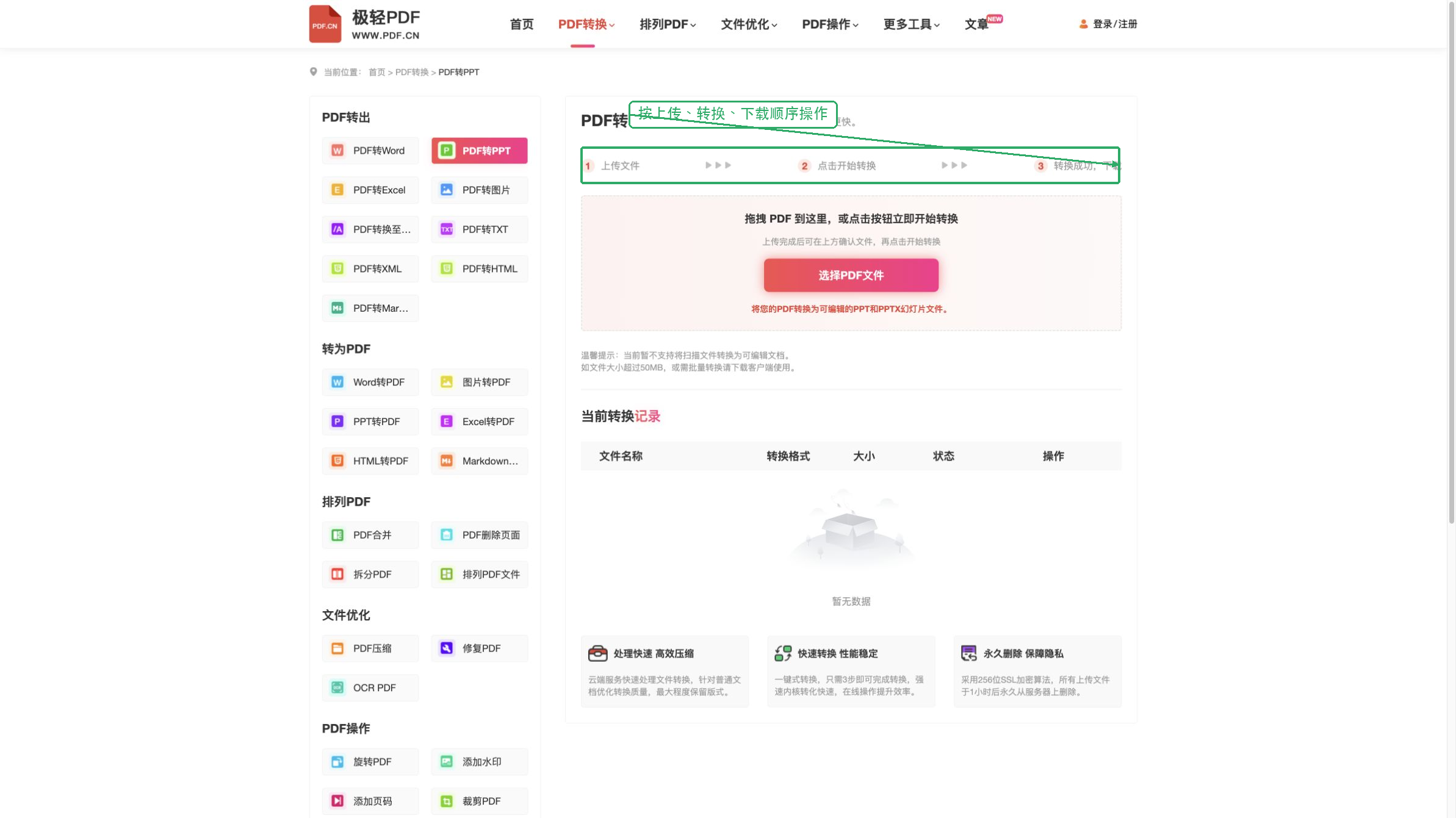 极轻PDF PDF转PPT页面的上传转换下载流程