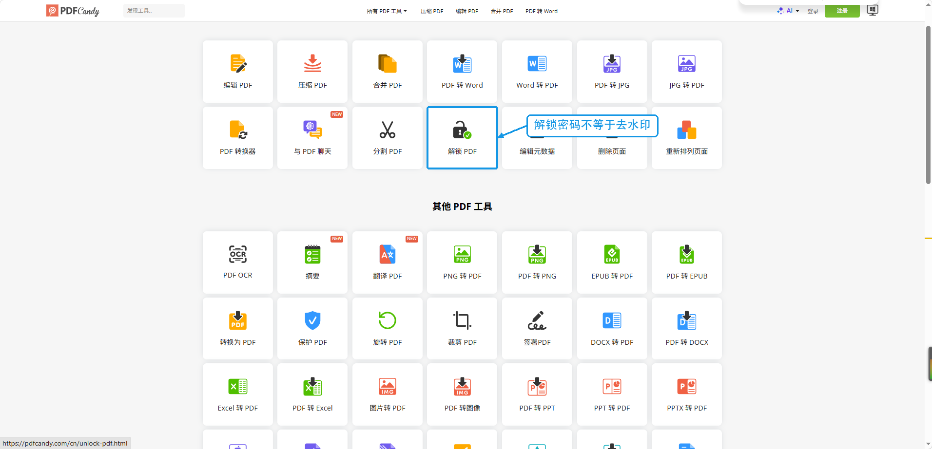 PDF Candy工具列表中的解锁PDF入口及用途提醒