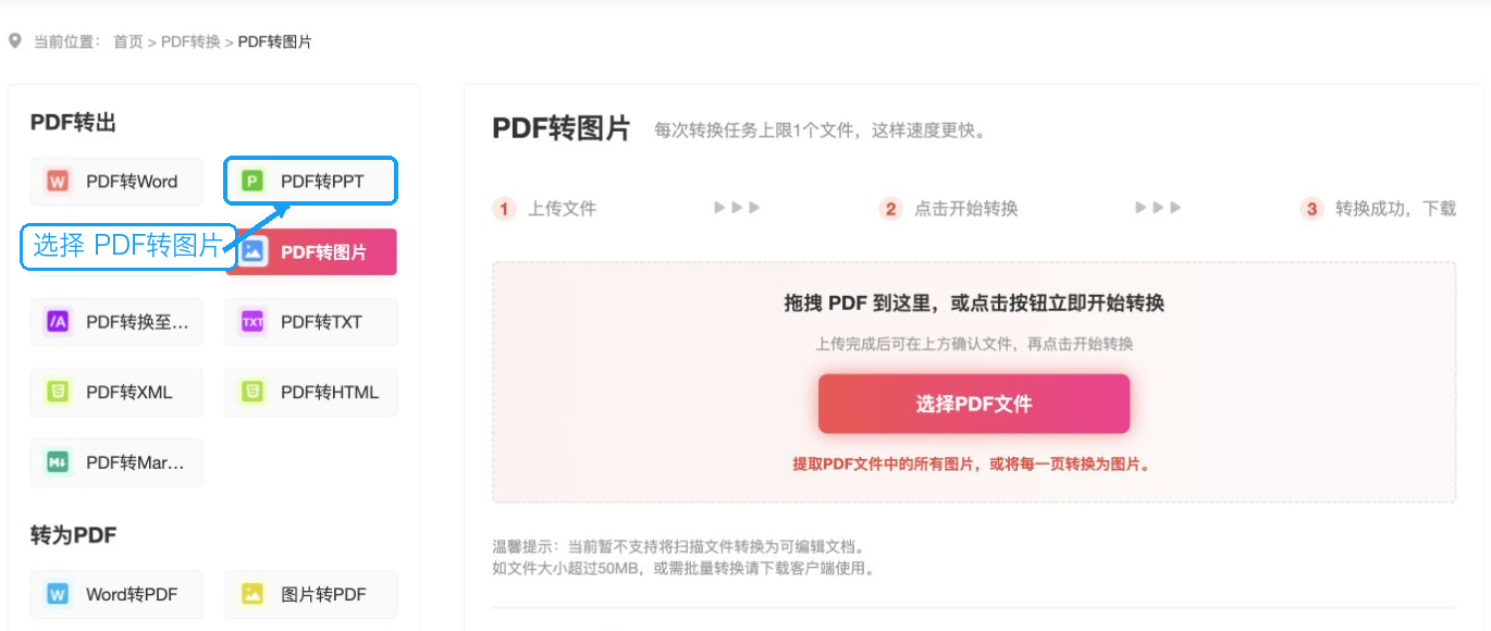 选择极轻PDF的PDF转图片功能