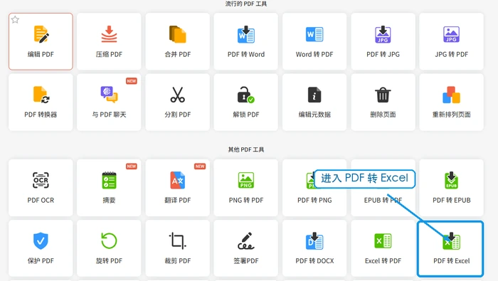 PDF Candy工具列表中的PDF转Excel入口