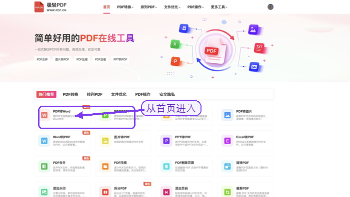 在首页找到PDF转Word入口