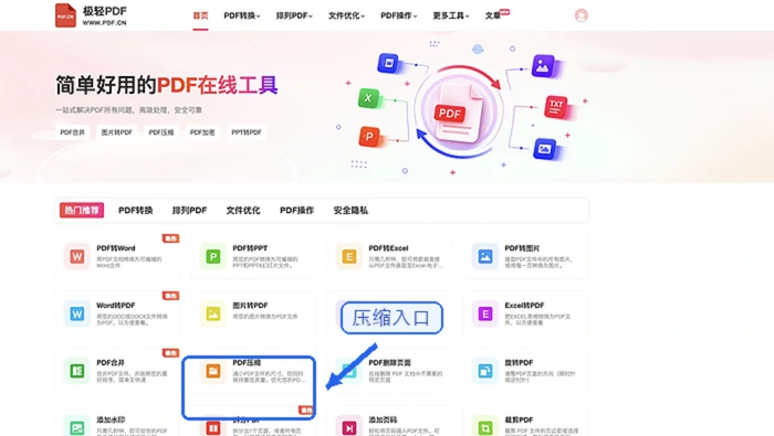在极轻PDF首页找到PDF压缩入口