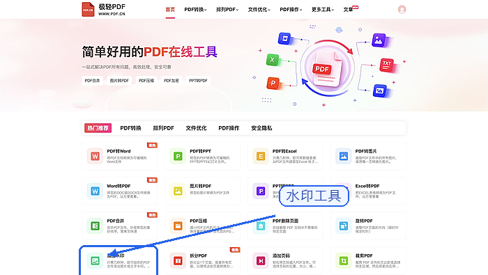 找到PDF加水印工具入口
