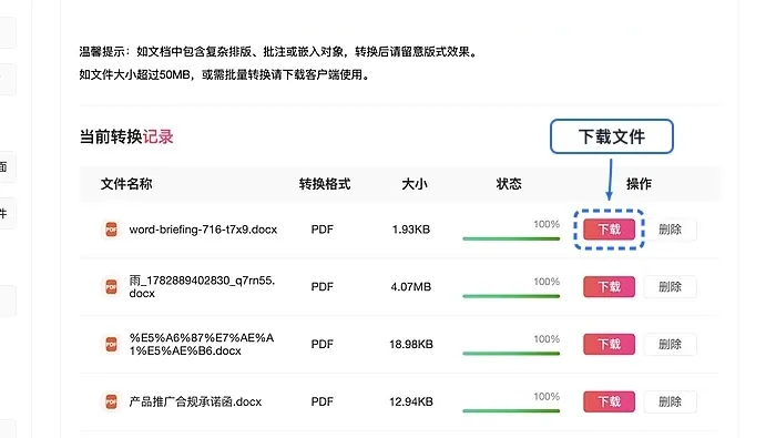 下载转换后的PDF文件