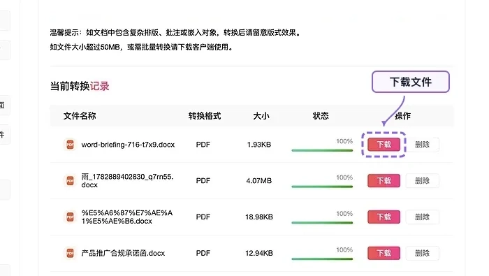 下载转换后的PDF文件