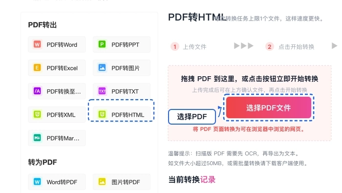 上传需要转换成HTML的PDF文件