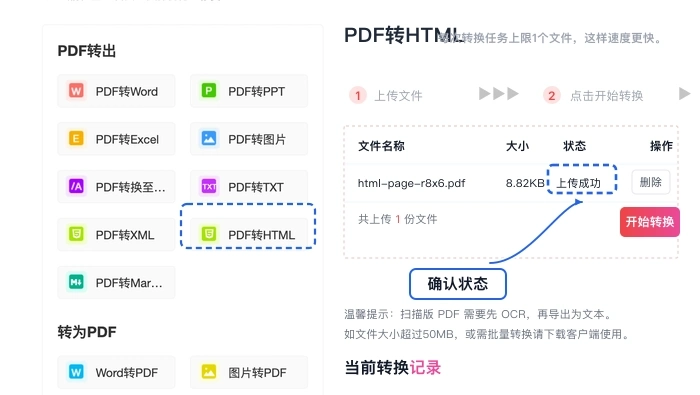 确认需要转换成HTML的PDF文件上传成功