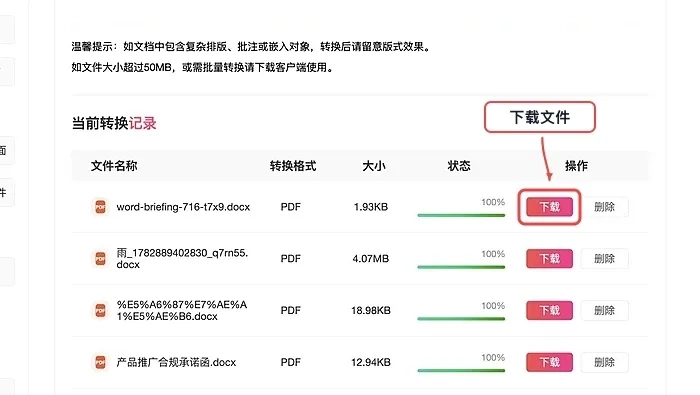 下载转换后的PDF文件