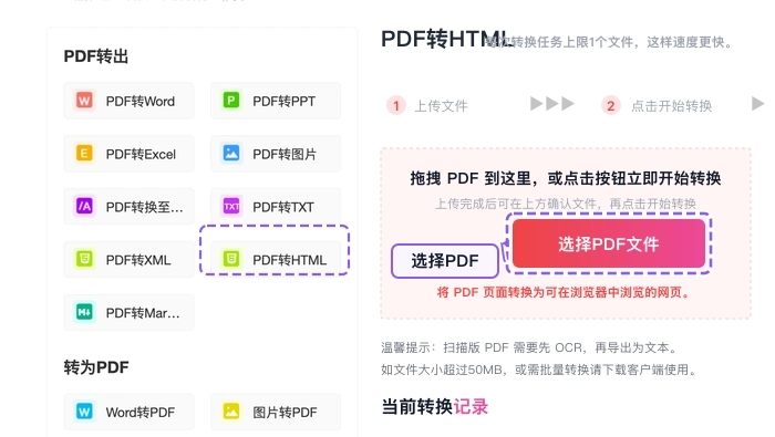 上传需要转换成HTML的PDF文件