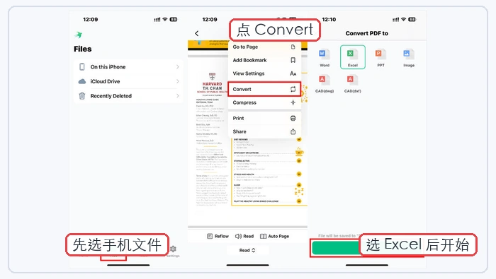 手机端PDF转Excel应用操作界面，选择文件并转换为Excel