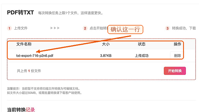 PDF转TXT确认文件上传状态