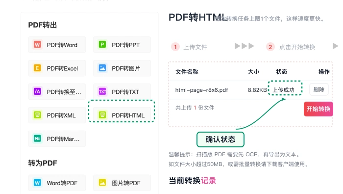 PDF转HTML确认文件上传状态