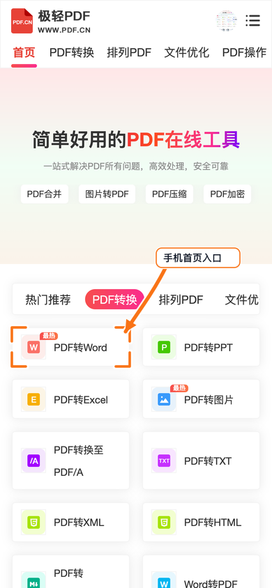 图 1:苹果手机端进入 PDF 转换工具区后,先确认当前入口是目标格式。