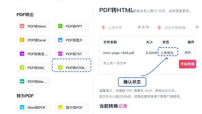 PDF转HTML确认文件上传状态