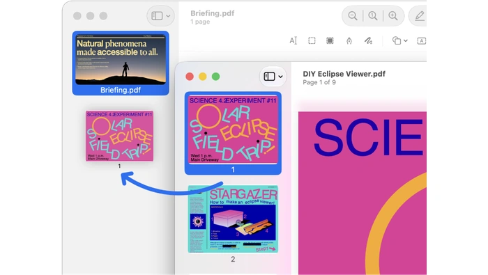 macOS 预览 App 将页面缩略图拖入另一份PDF