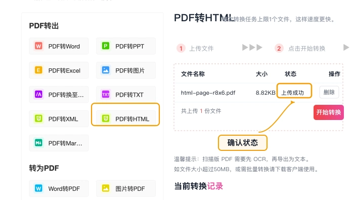 PDF转HTML确认文件上传状态