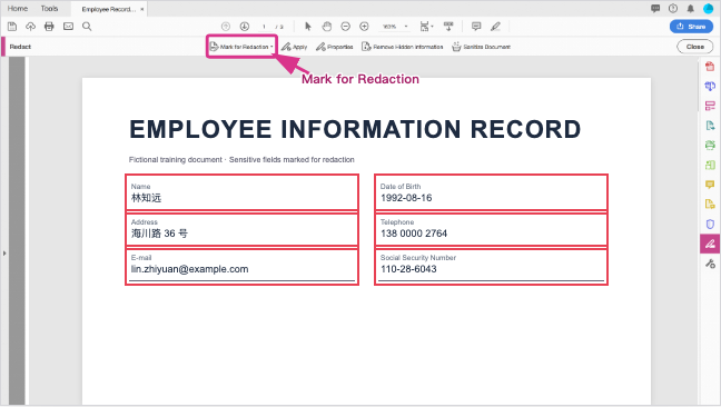 使用 Mark for Redaction 标记 PDF 中的敏感字段